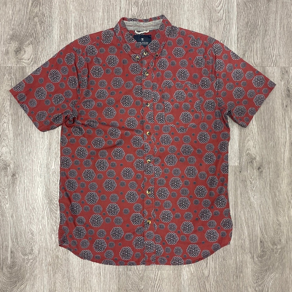 Roark Revival Button Down Shirt Mens Size M Red Geometric Short Sleeve Cotton